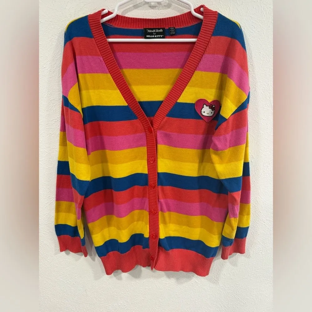 ModCloth x Hello Kitty “Sweet Like Candy” Rainbow Striped Cardigan Sweater Sz M - Image 3