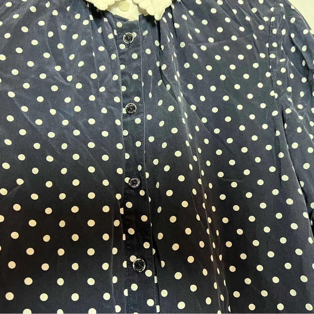 Tory Burch Cora Navy Blue Polka Dot Mini Dress Cream Scalloped Cuff Silk Size 4 - Image 13