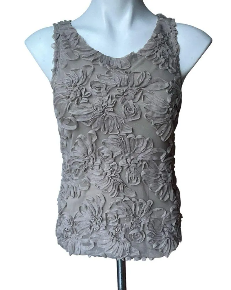 Banana Republic Taupe Textured Mesh Floral Sleeveless Shell Top, Sz S - Image 3
