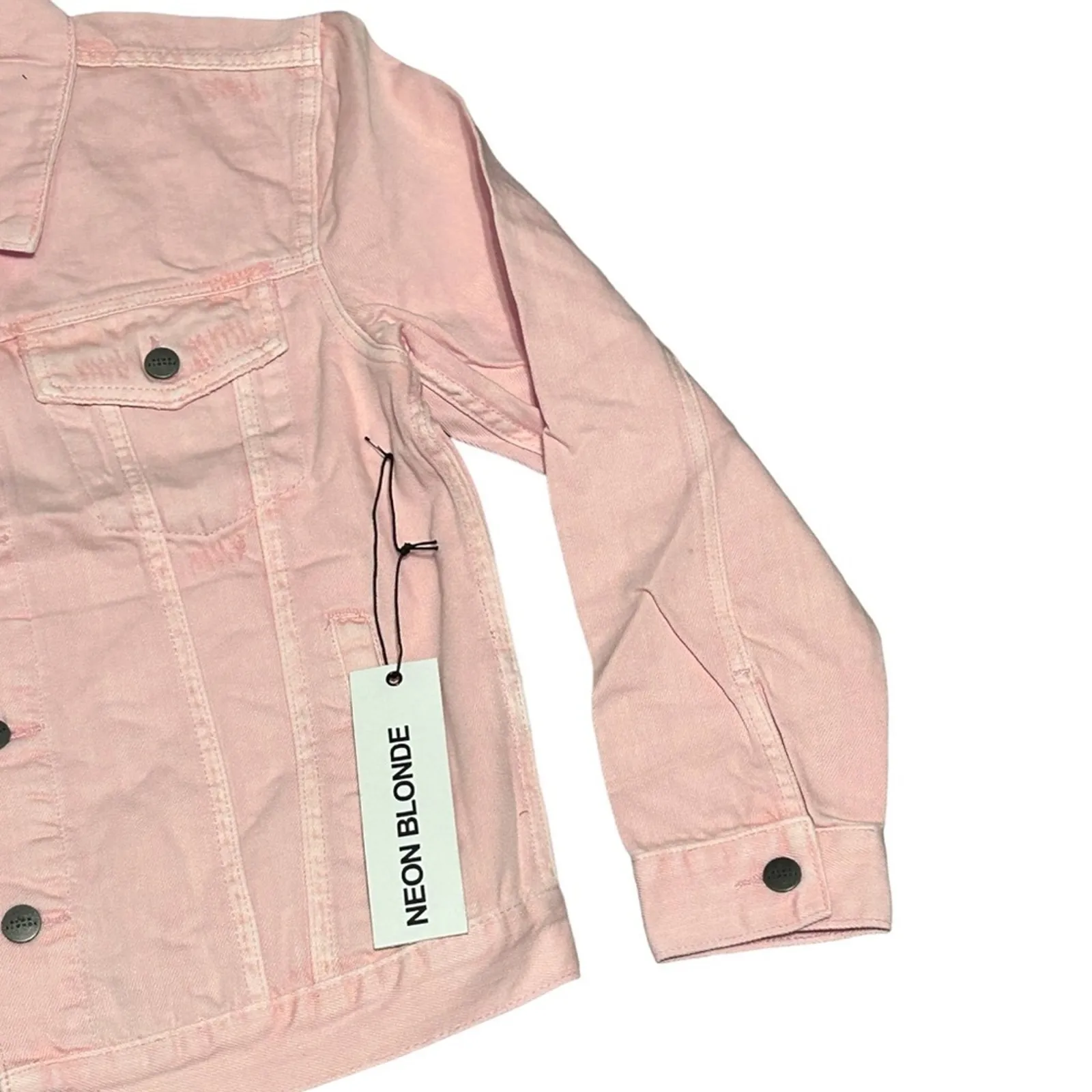 NEON BLONDE Dreamer Pink Quartz Distressed Denim Jacket NWT Medium - Image 8