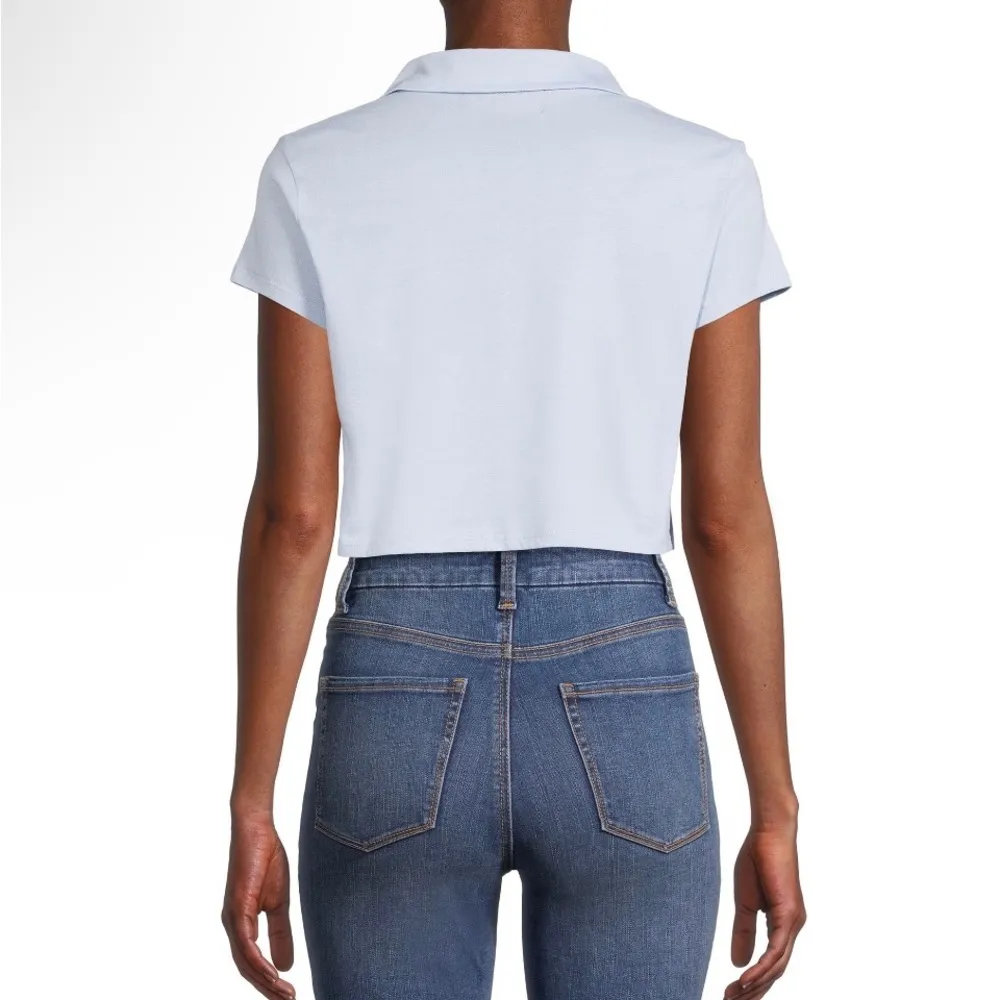 DEREK HEART Cropped Polo Shirt Size Small Juniors Baby Blue Cotton Womens New - Image 3