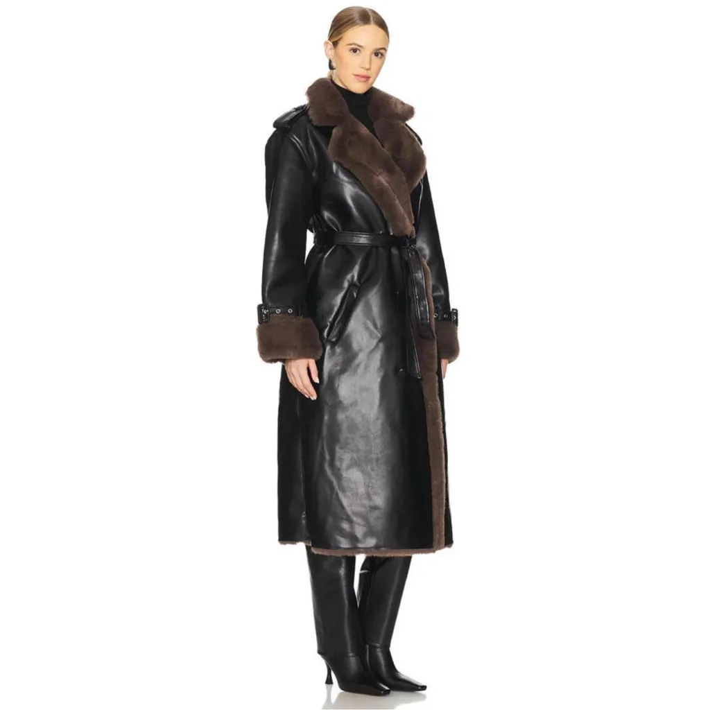 WeWoreWhat Bonded Faux Fur Trench Coat in Camel & Black - Image 2