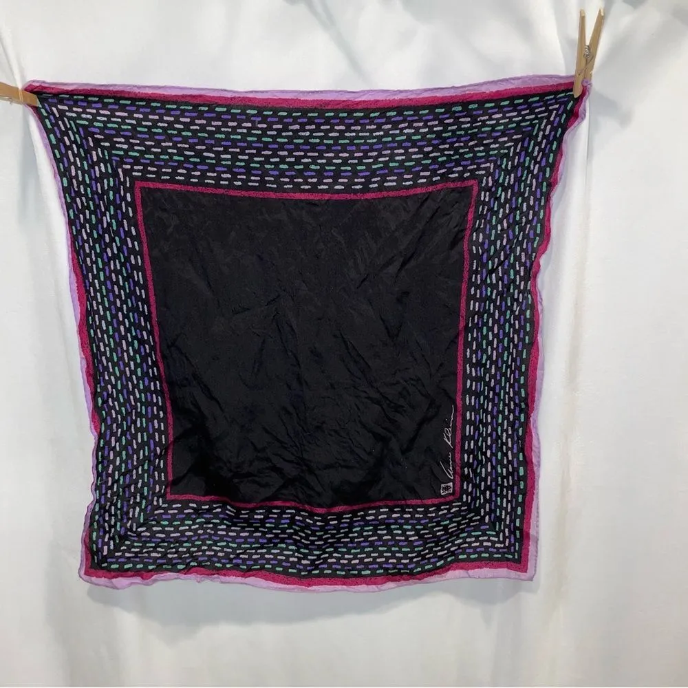 Beautiful vintage Anne Klein silk scarf black with geometric lines purple border - Image 4