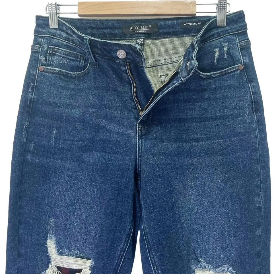 Judy Blue Buffalo Plaid Patch Midrise Cuffed Boyfriend Jeans Dark Wash Size 29 - Image 6