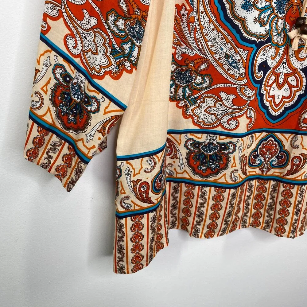 Lucy & Laurel Orange Red Blue White Paisley Print Blouse Women's Size Medium M - Image 3