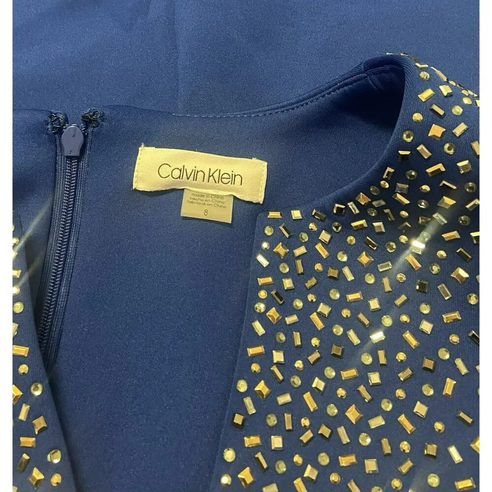 Calvin Klein Womens Dress 8 Sleeveless Split Neck Royal‎ Blue Rhinestones NWT - Image 7