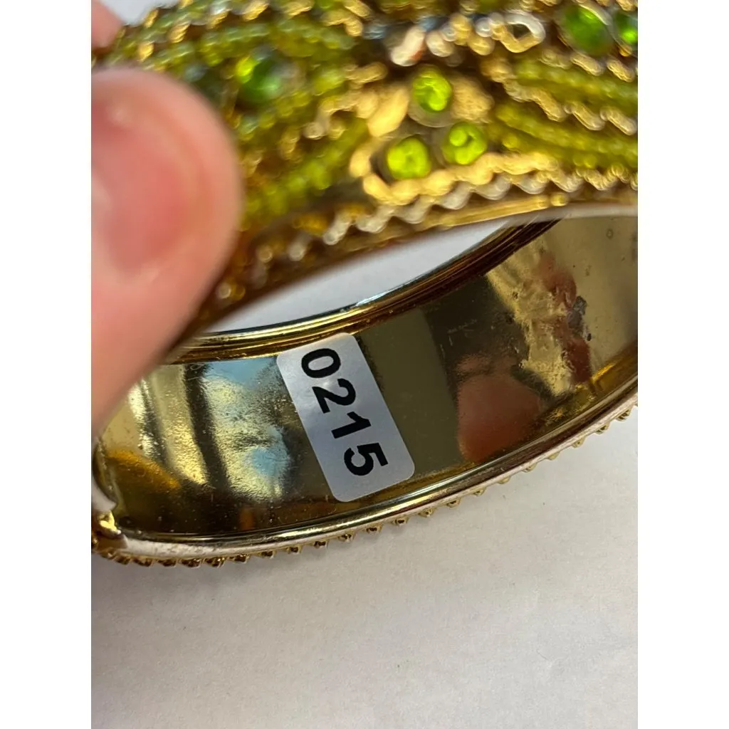 Vintage Twos Company India Gold Hinged Bangle Bracelet With Green Beading & Rhin - Image 7
