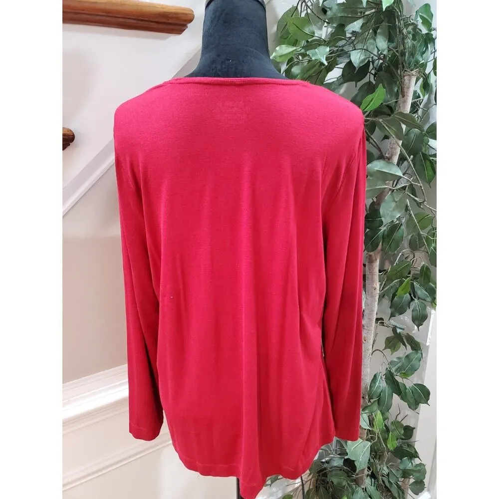 Chico's Women Red Solid Rayon Round Neck Long Casual Sleeve Top Shirt Size Large - Image 5