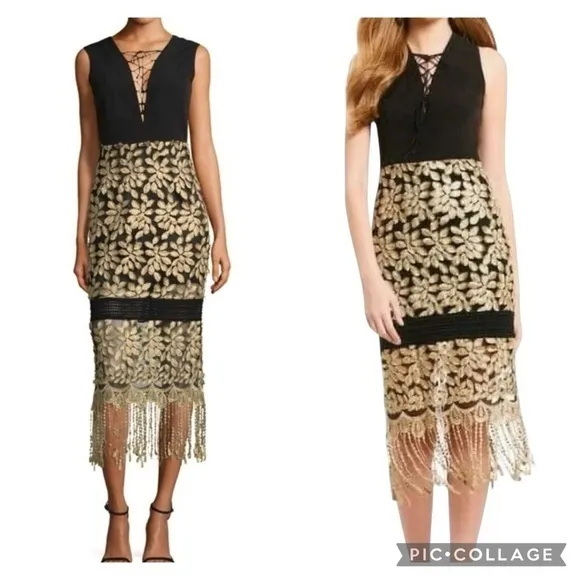 NWT Belle Badgley Mischka Willa Dress Midi Fringe Gold Black 2 Cocktail Evening - Image 2