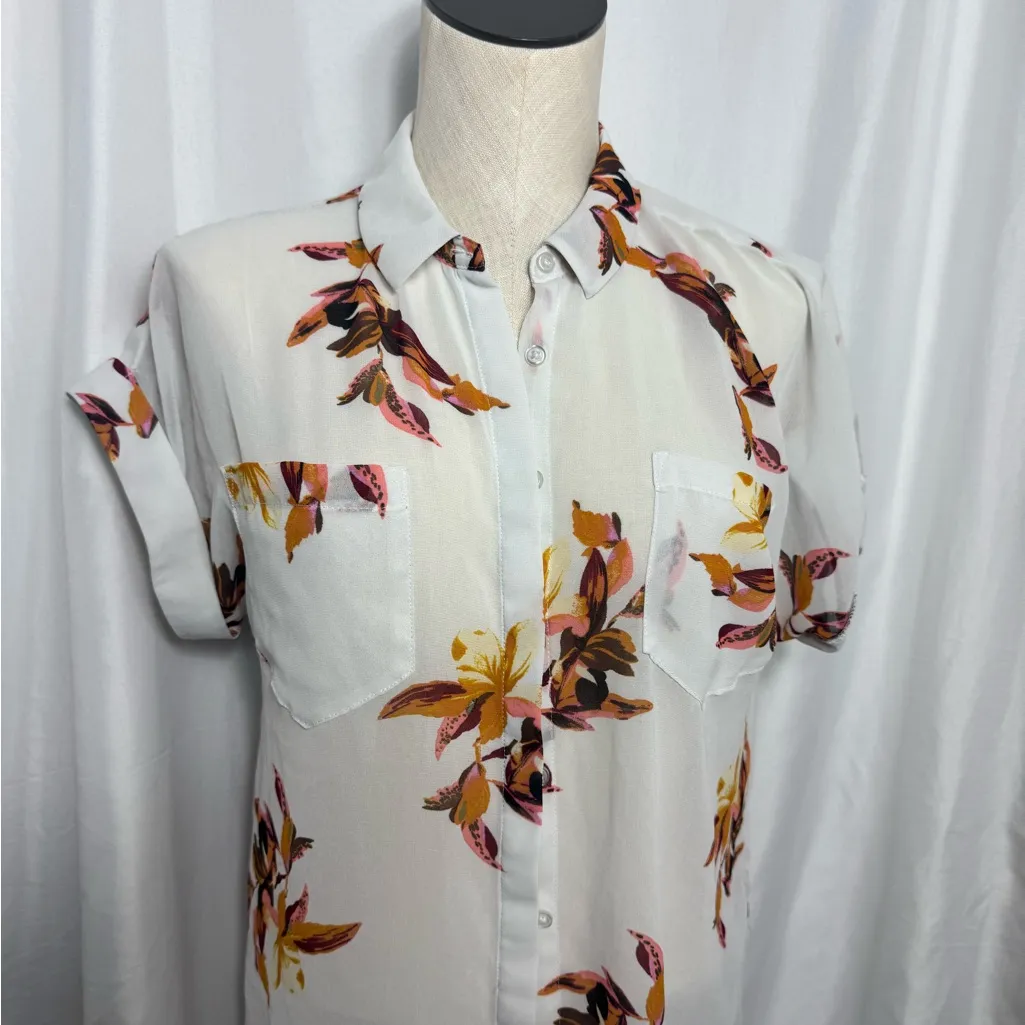 A New Day White Brown Leaf Leaves Neutral Sheer Button Up Blouse. Size Small - Image 3