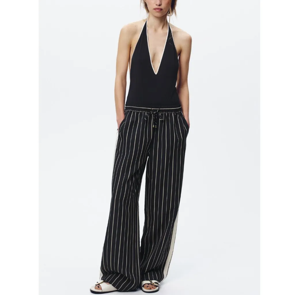 ZARA SIDE STRIPE DRAWSTRING WIDE LEG PANTS Dark Blue Cream Size Medium - Image 3