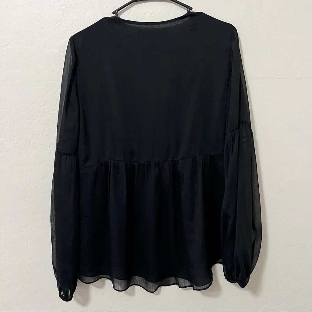 White House Black Market Floral Embroidered Black Chiffon Blouse - Image 5