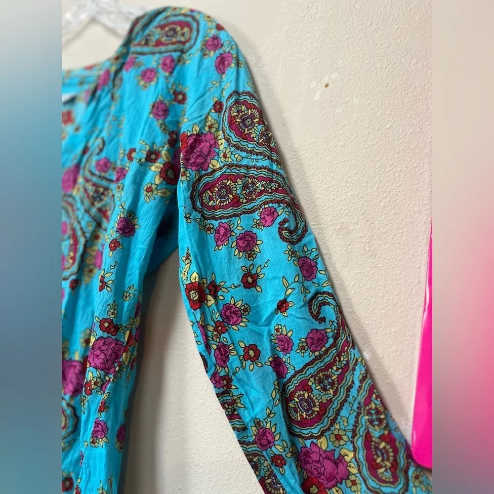 Boho Turquoise Paisley Tunic Top Medium 100% Cotton Festival V - Image 7
