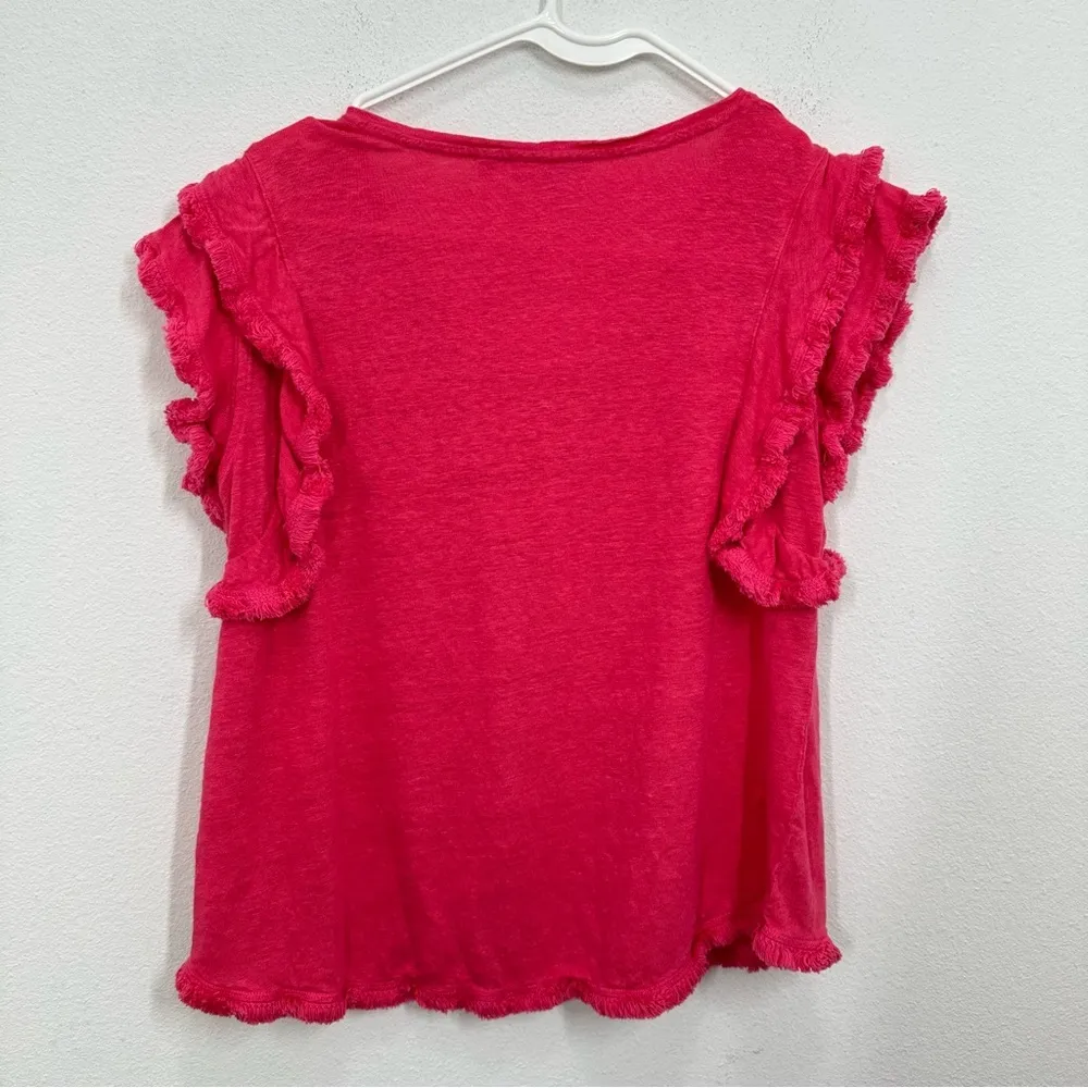 Chico's Size Large V Neck Bright Pink‎ 100% Linen Short Sleeve Ruffle Blouse - Image 5