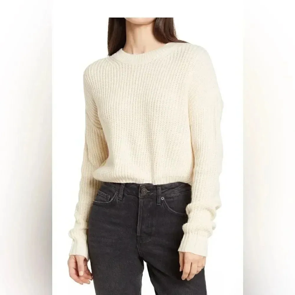 Elodie Waffle Knit Cropped Sweater Women's Purple  Long Sleeve Crew Neck S - Image 8