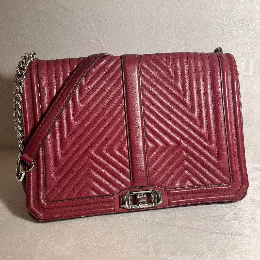 Rebecca Minkoff Love Crossbody Bag Burgundy Quilted Leather Silver Chain - Image 2