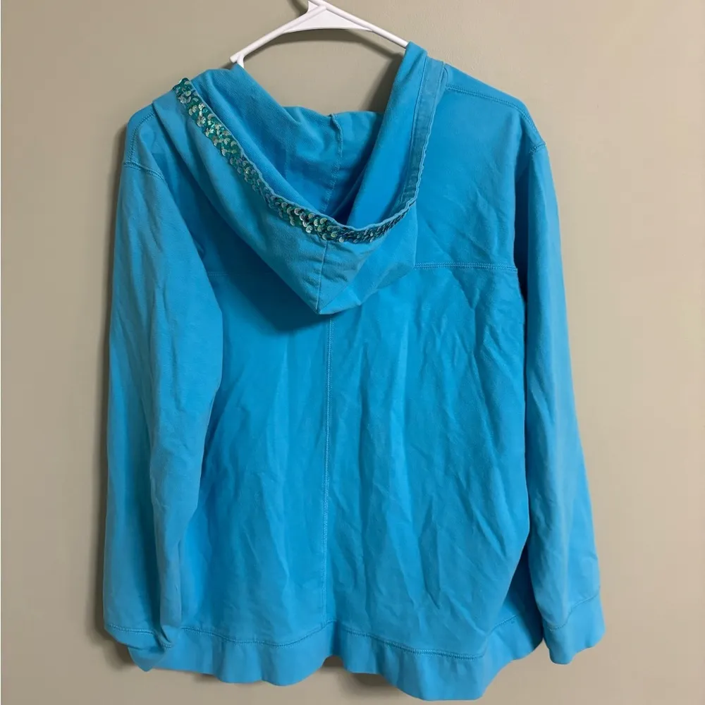 Quacker Factory Hoodie Womens Size Large Blue Full Zip Sweatshirt Sequins Trim - Image 2