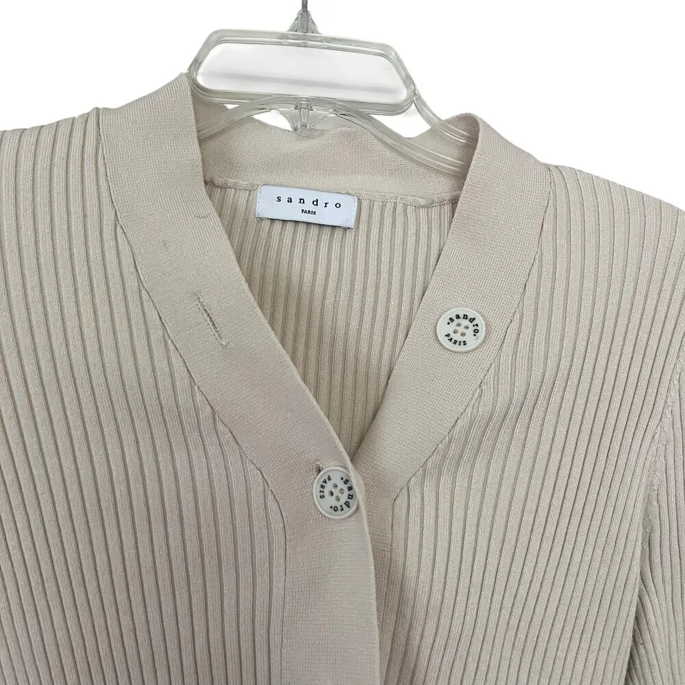 Sandro Cream Wool Blend Ribbed Knit Logo Button Front Cardigan Sweater Size 2 - Image 4