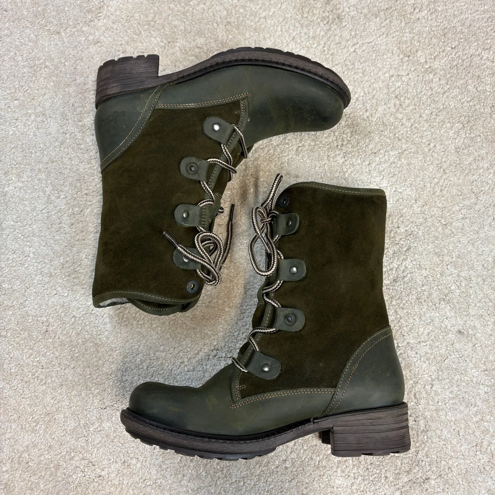 Bos & Co Leather Suede Olive Green Fur Lined Lace Up Boots Size 37/6 - Image 2