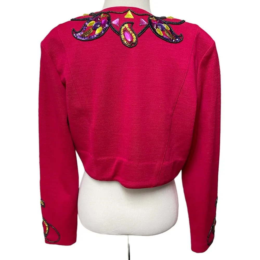 Outlander Vintage Wool Bolero Jacket Medium 80s 90s Beaded Jewel Pink Fancy - Image 2