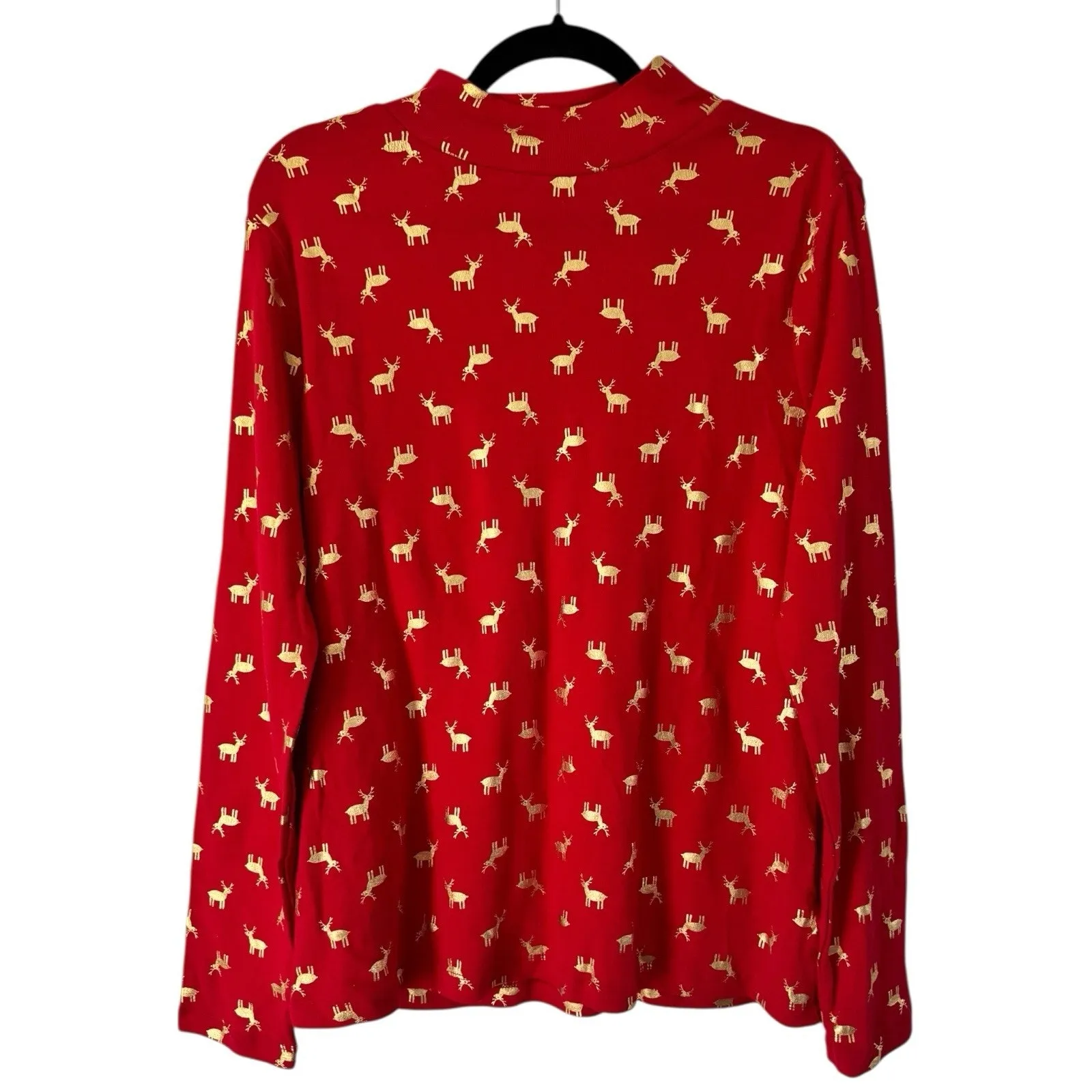 White Stag Red Mock Neck Gold Reindeer Print Holiday Long Sleeve Shirt Large - Image 2