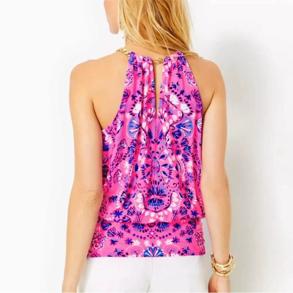 LILLY PULITZER BOWEN HAVANA PINK TURTLE TIDEPOOL HALTER ENGINEERED TOP XS - Image 2