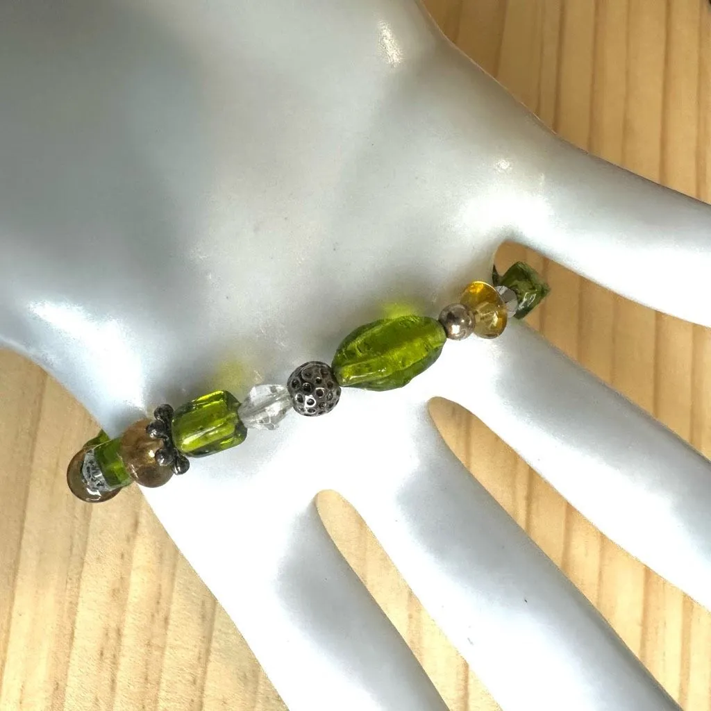 Colorful Green & Amber Glass Bead Bracelet with Mixed Metals - Image 4