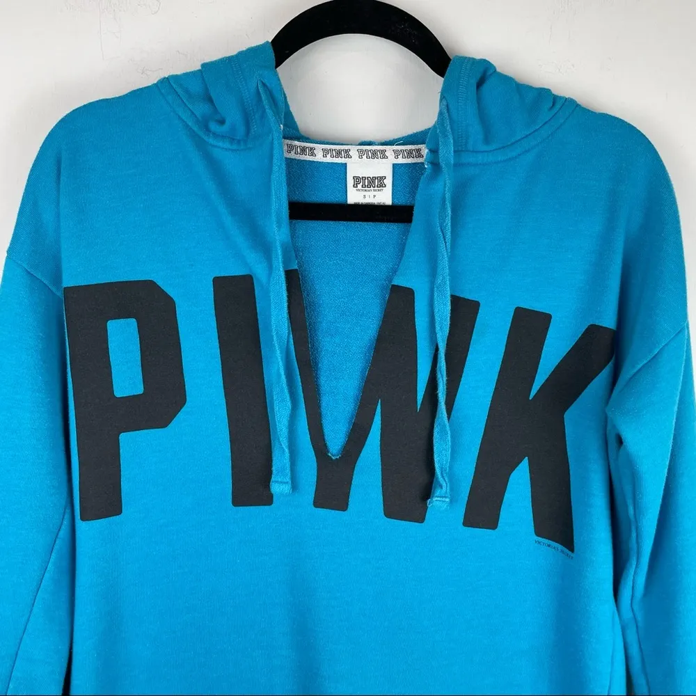 PINK Victoria’s Secret Blue V Cutout Pullover Hoodie Sz Small Raw Hem Oversized - Image 3