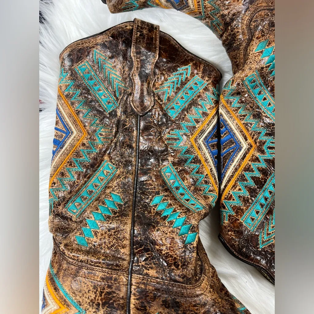 CORRAL WOMEN'S DIAMOND COWGIRL SNIP TOE TURQUOISE COGNAC BOOTS size 6 - Image 3