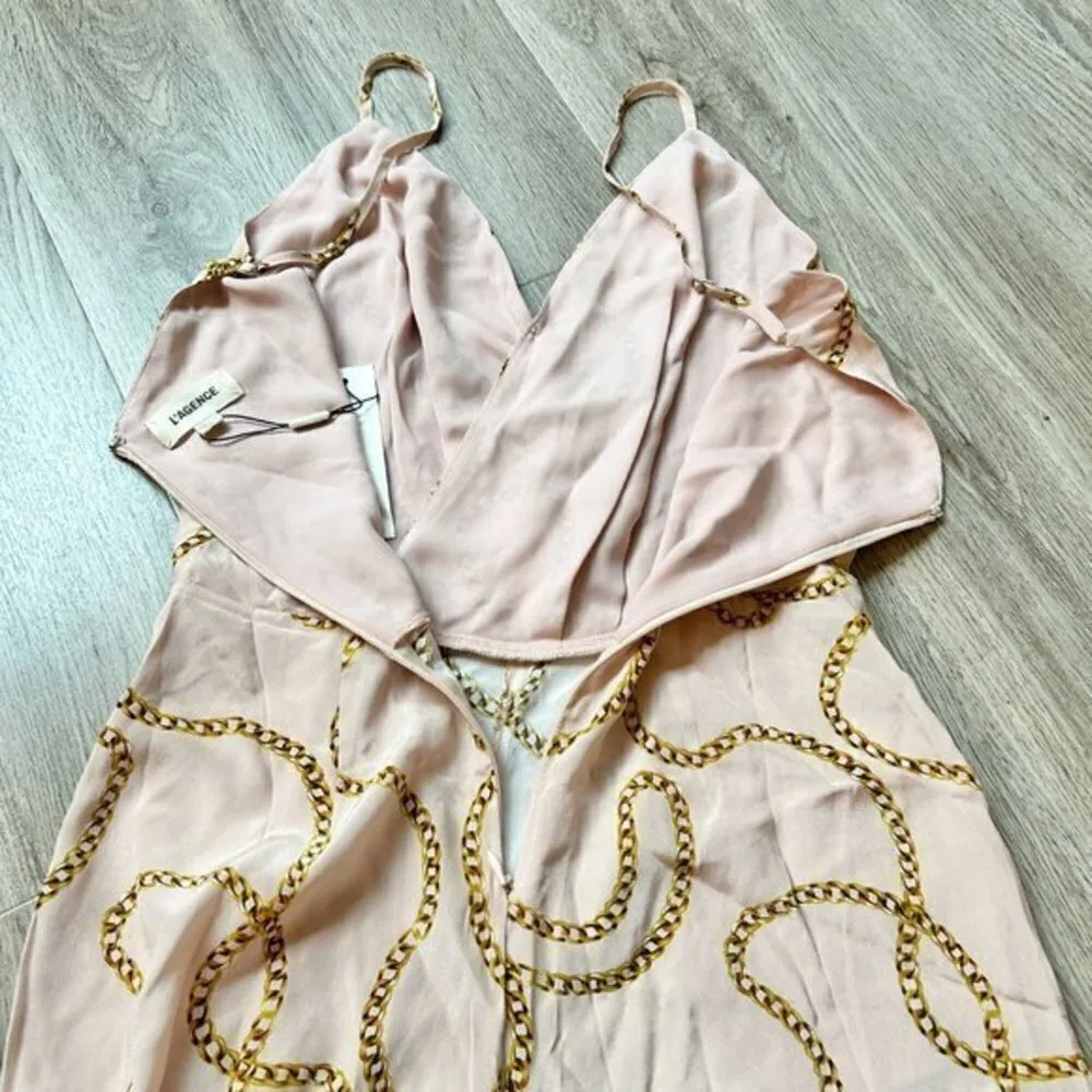 L'AGENCE Silk Pink Chain Print Chiara Wide Leg Jumpsuit Size 2 NWT - Image 11