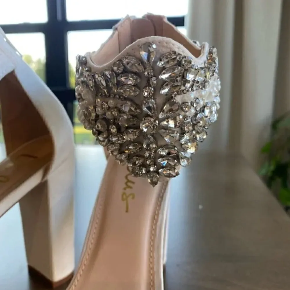 Lulus Dannah High Heels 11 White Suede Rhinestone Pearl Sandals Wedding Bridal - Image 6