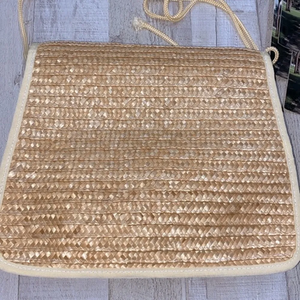 VINTAGE straw handbag with vintage Georgia paperwork & postcards Tan - Image 9
