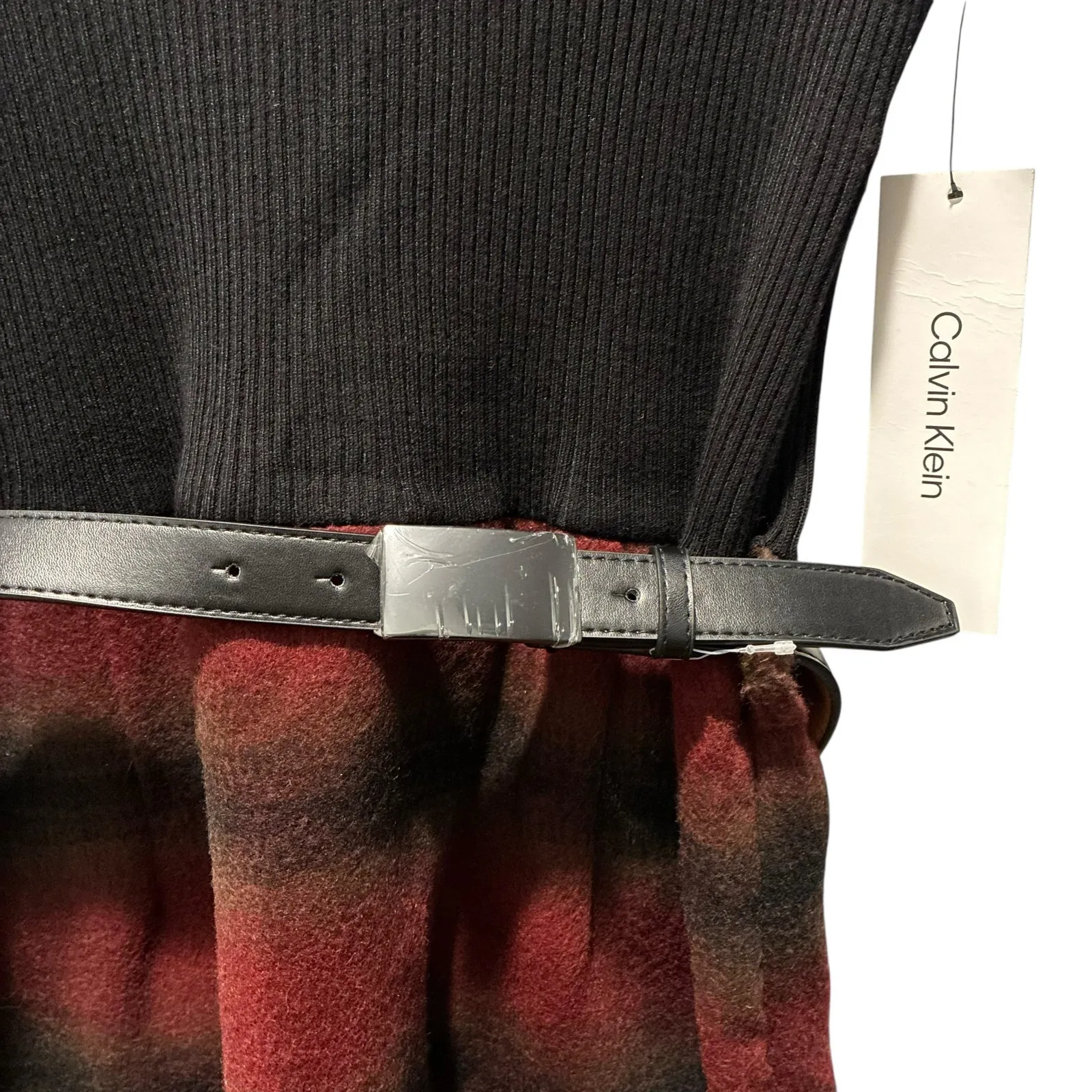 Calvin Klein Knit Sweater Plaid Dress Belt Black Red Womens Size Medium NWT New - Image 5