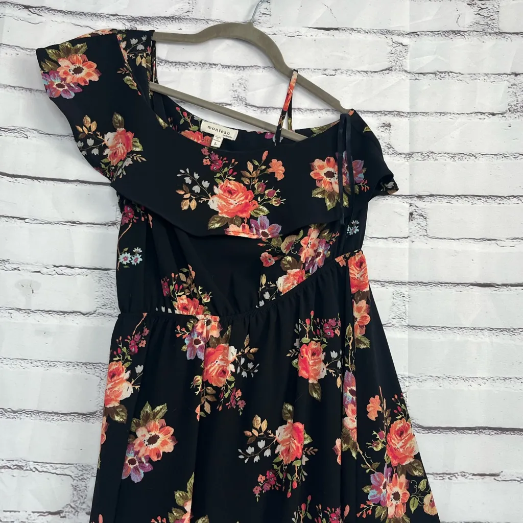 Monteau Black Floral Fit & Flare Mini Dress Women’s Large Short Sleeve Orange - Image 6