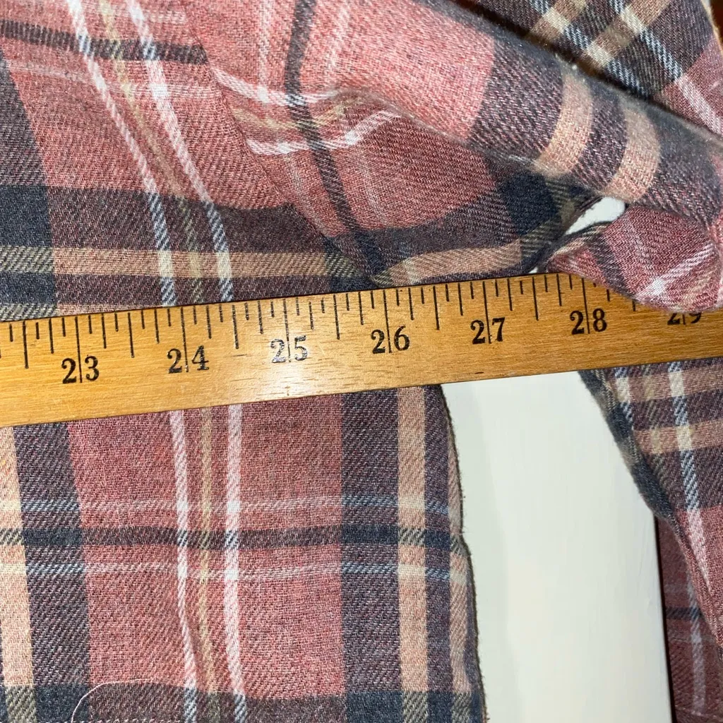 Oli & Hali Long Plaid Button Down Flannel Boho Shirt Large Pink Fringe Oversized Red - Image 6