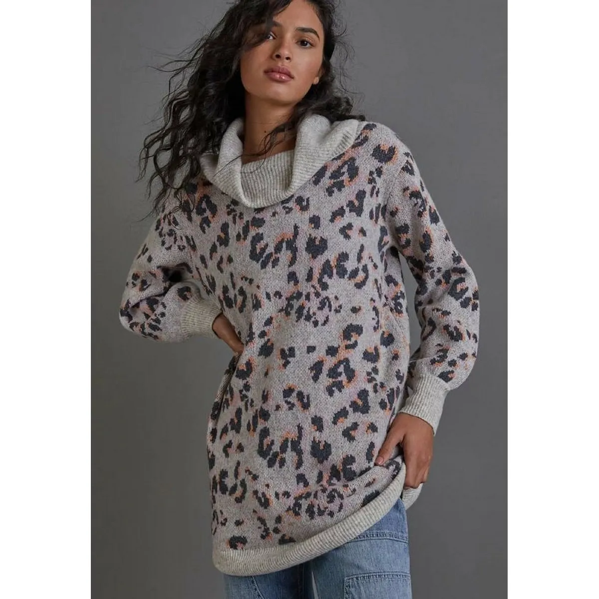 Anthropologie XS Sweater Dress Grey Leopard Print Cowl Neck Knit‎ Mini - Image 2