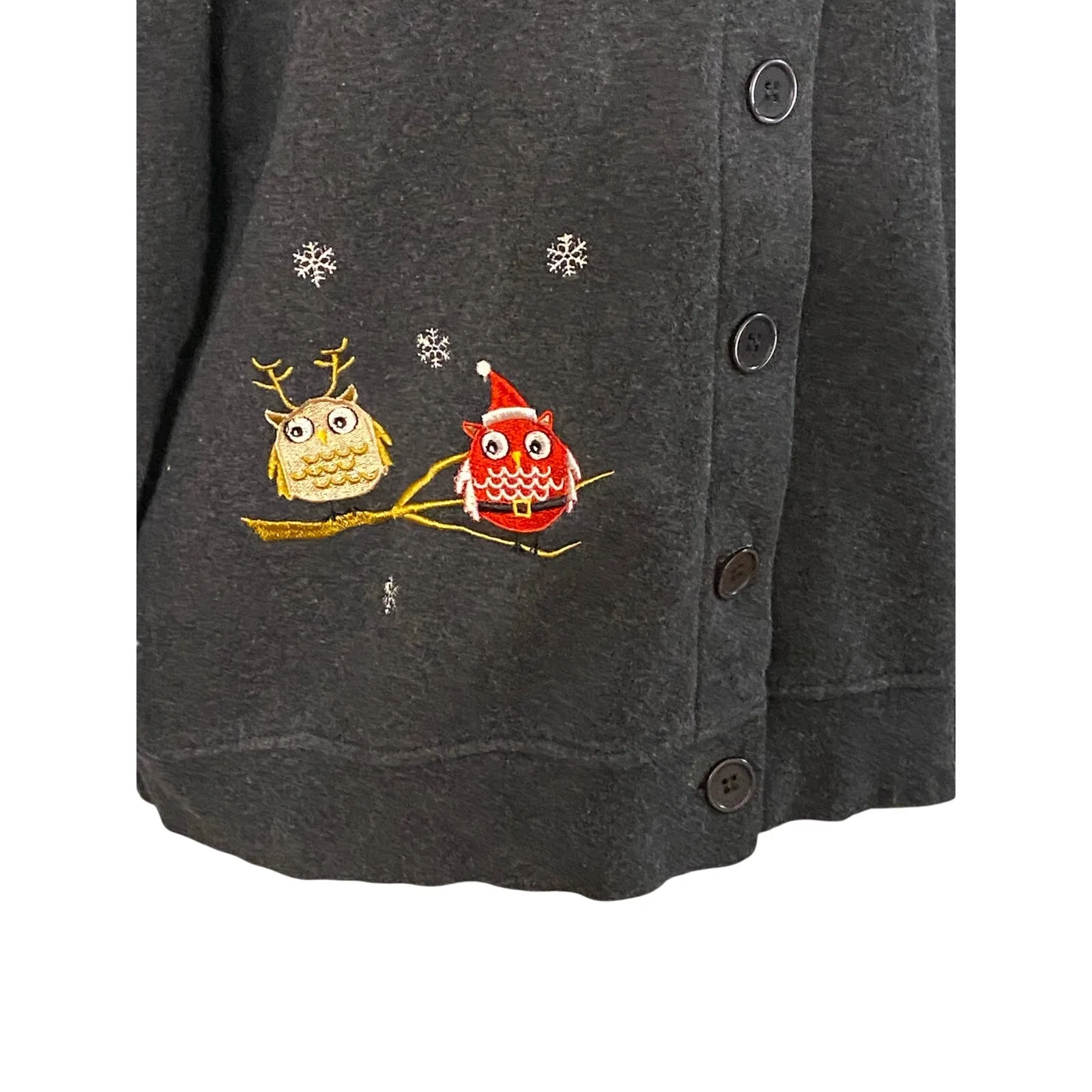 Y2K Christmas Owl Button Up Gray Cardigan White Collar Petite Medium Holiday Size undefined - Image 3