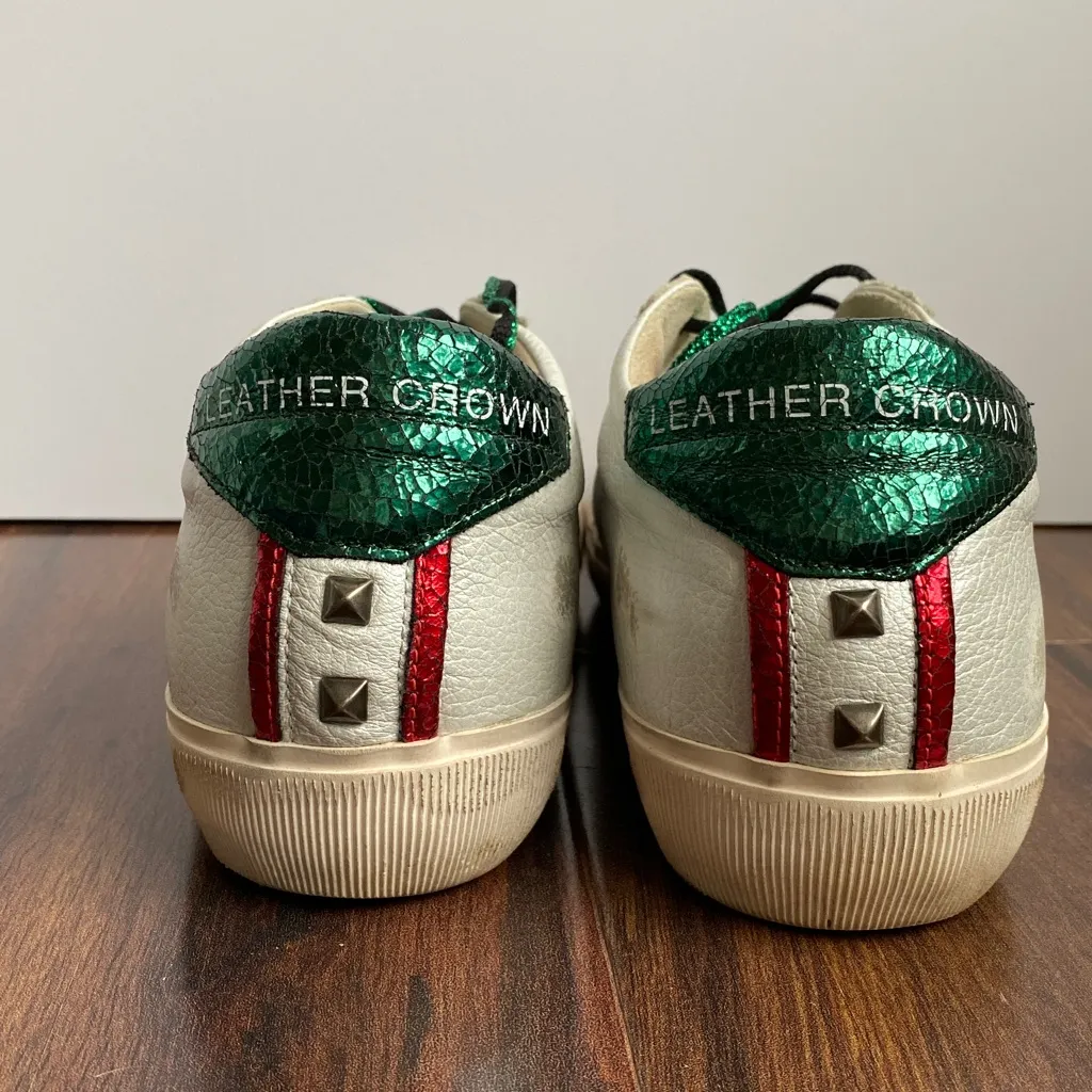 Leather Crown Distressed Low Studded Sneaker Glitter Green and Red Italy 2009 White Size 6 - Image 3