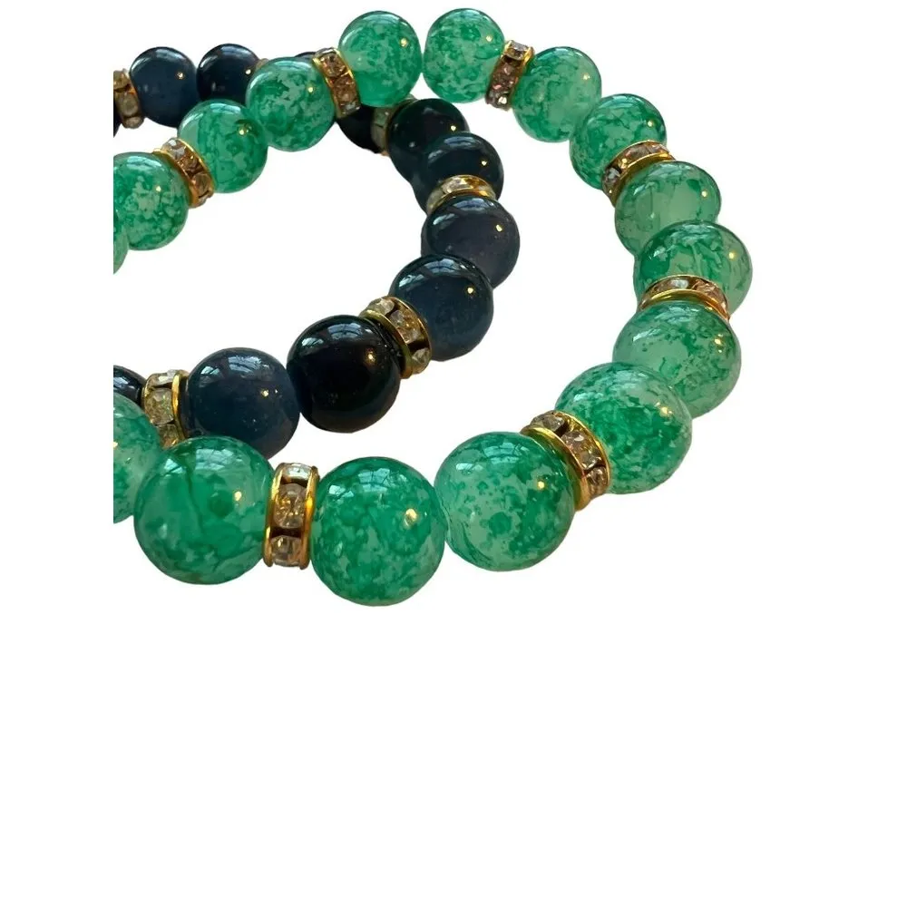 2 Stretch Glass Bead Bracelets Gold Tone Rhinestones Rondelle 6.5" Blue Green - Image 2