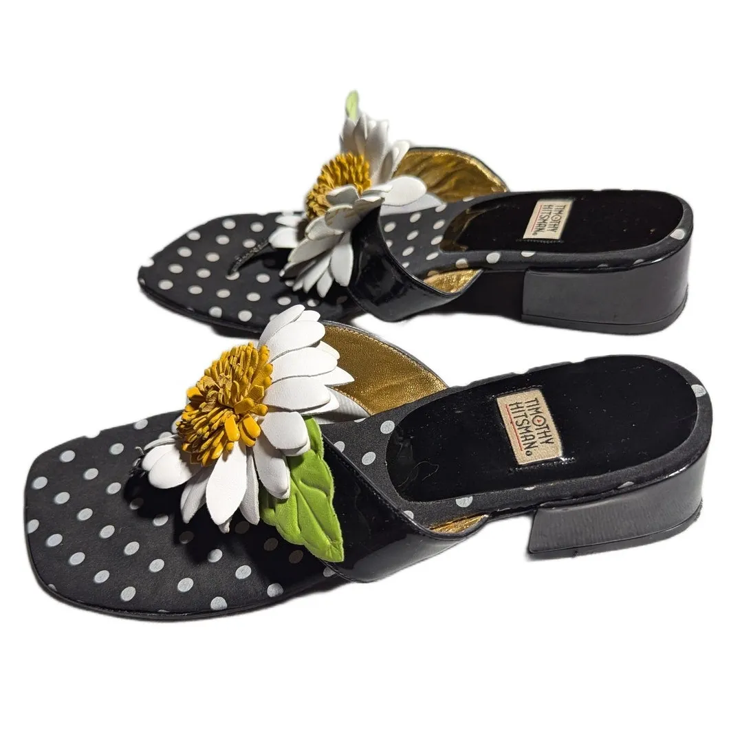 Vtg 1990s Timothy Hitsman Black White Leather Flower Toe Post Thong Sandals 7 - Image 6