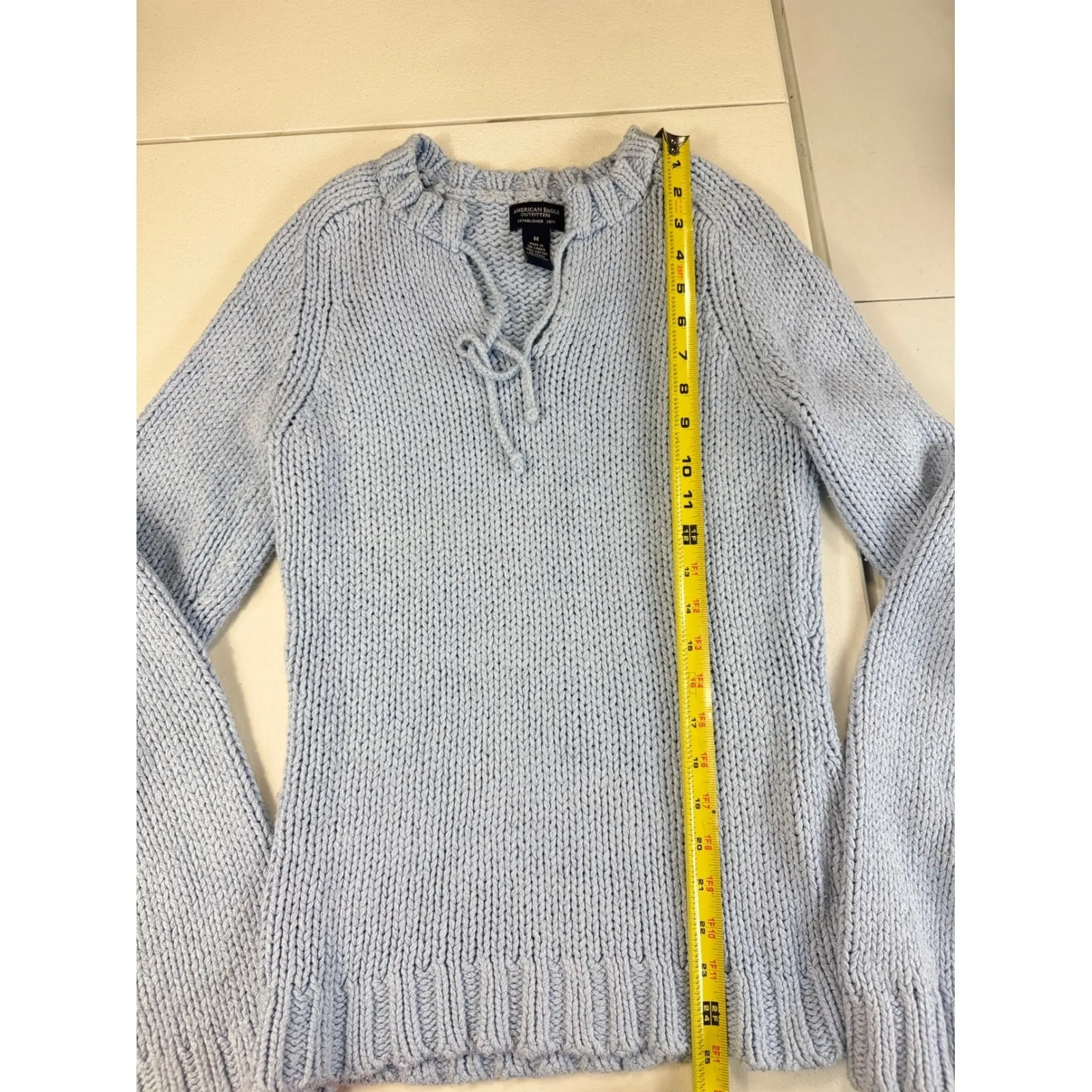 American‎ Eagle Outfitters Blue Knit Sweater Top with Tie Detail M cotton - Image 4