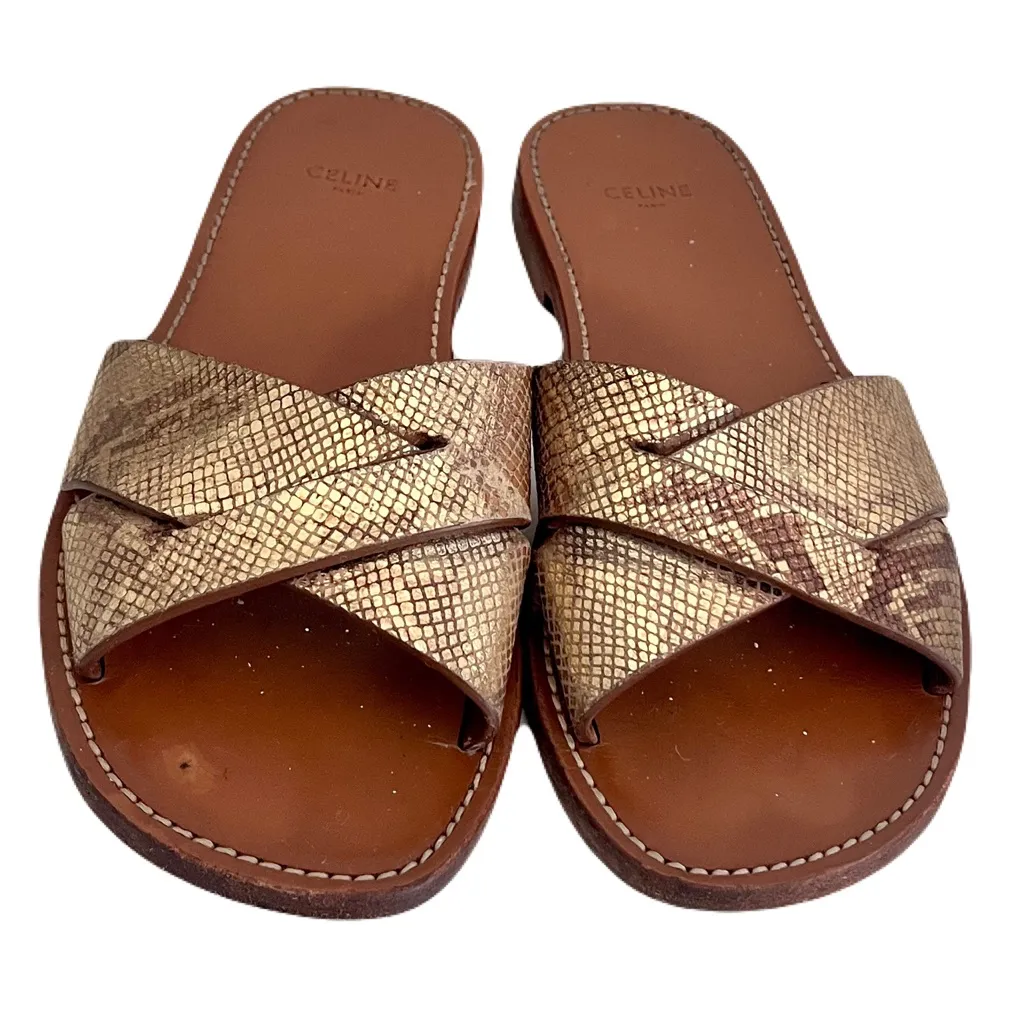 Celine Gold ‘Larins’ Criss Cross Python Embossed Leather Sandals, Size 38 - Image 3