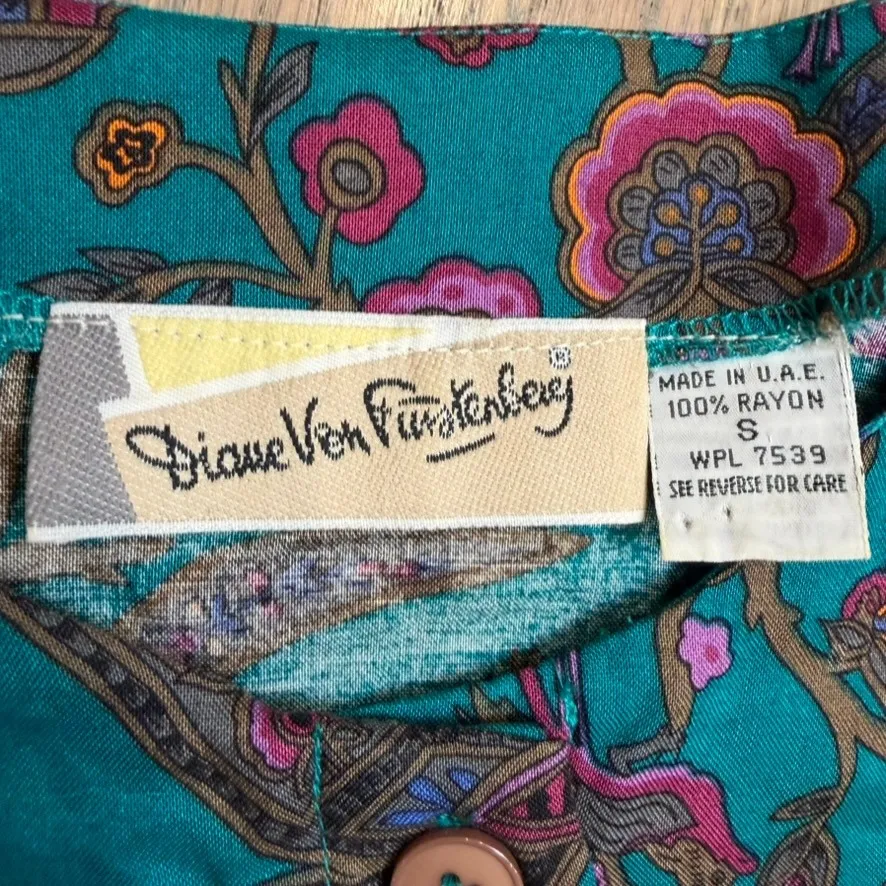 Diane Von Furstenberg Teal Paisley Floral Rayon Jumpsuit Playsuit 80s Size S - Image 3
