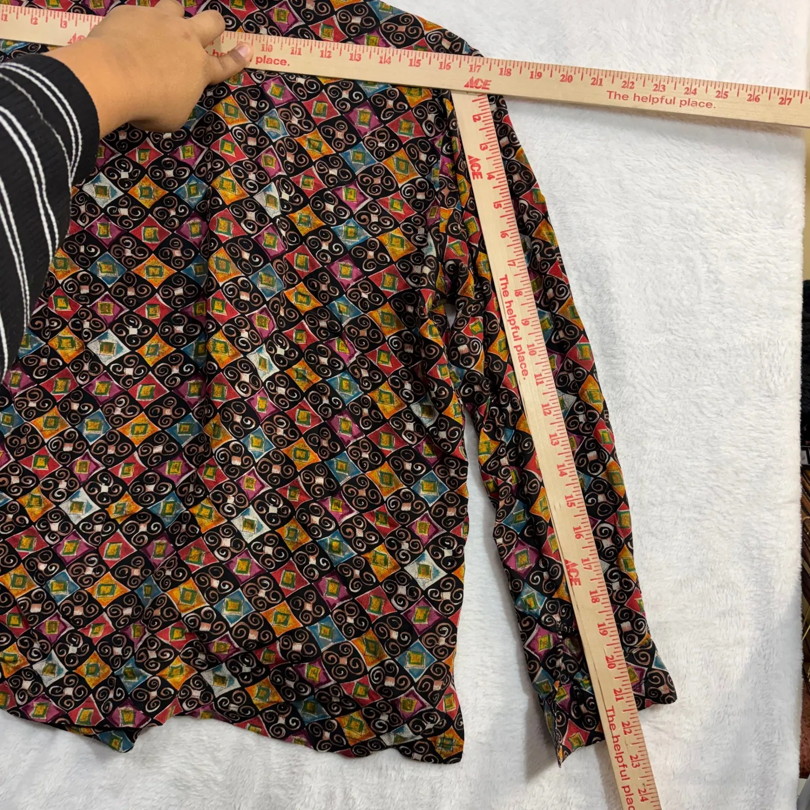 Vintage Tess M Button Up Top 100% Silk Maximalist Artsy Geometric Abstract 90s Black Size M - Image 8