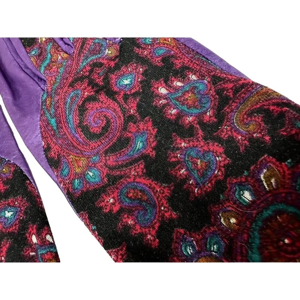 VTG Purple Leather /Paisley Fabric Gloves USA Womens Sz 8 L - Image 2