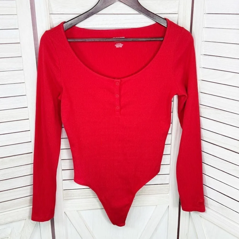 Pink by Victoria’s Secret Ribbed Henley Bodysuit Red Medium Long Sleeve Thong - Image 9
