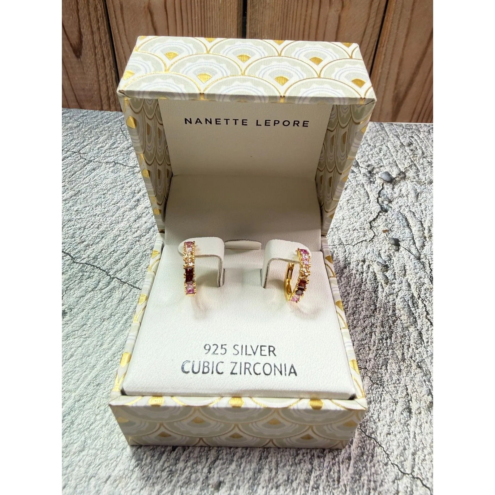 NIB Nanette Lepore Vermeil 925 Sterling Pink & Clear CZ Huggie Hoop Earrings - Image 3