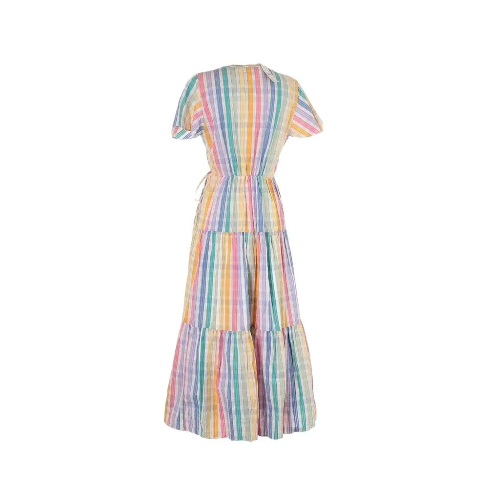 NWT J.Crew Faux-wrap Midi in Rainbow Gingham Striped Tiered Dress 0 - Image 2