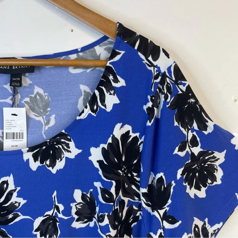 Lane Bryant Blue Black floral knit short sleeve belted dress womens 26 28 new - Image 4