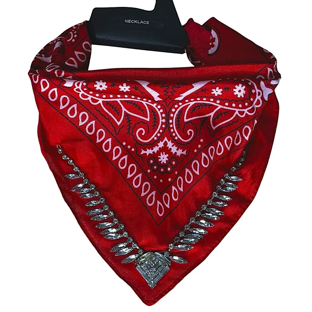 Bandanna Necklace Boho Chic with Bling Embellishments Women Red White OS NWT - Image 15
